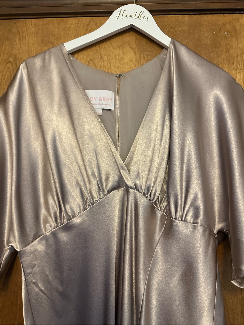Birdy Grey Shimmer Satin V-Neck Gown in Taupe/Champagne - Picture 2 of 3
